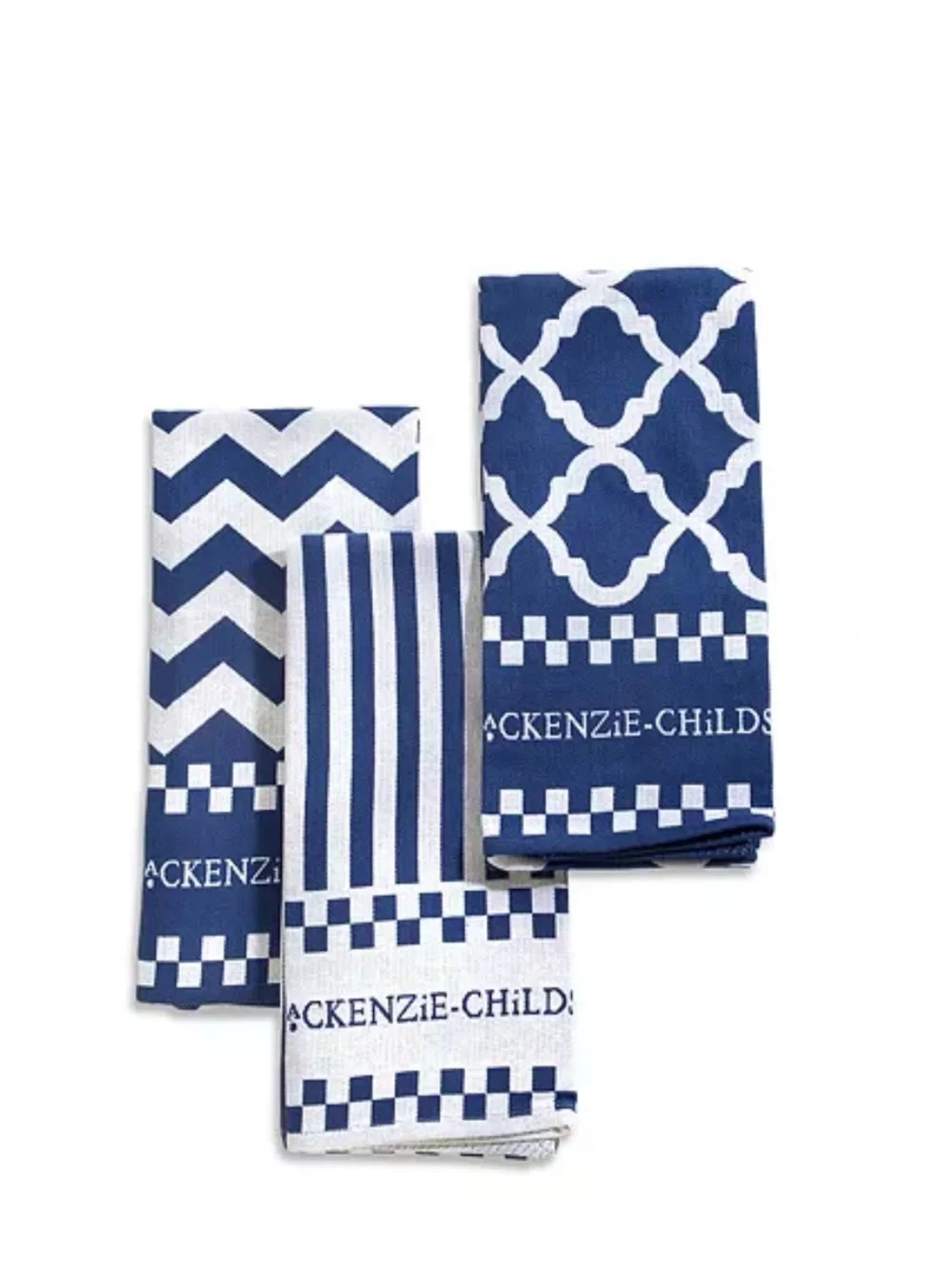 MacKenzie-Childs Blue & White Zig Zag Kitchen Dish Towels Set of 3 NEW